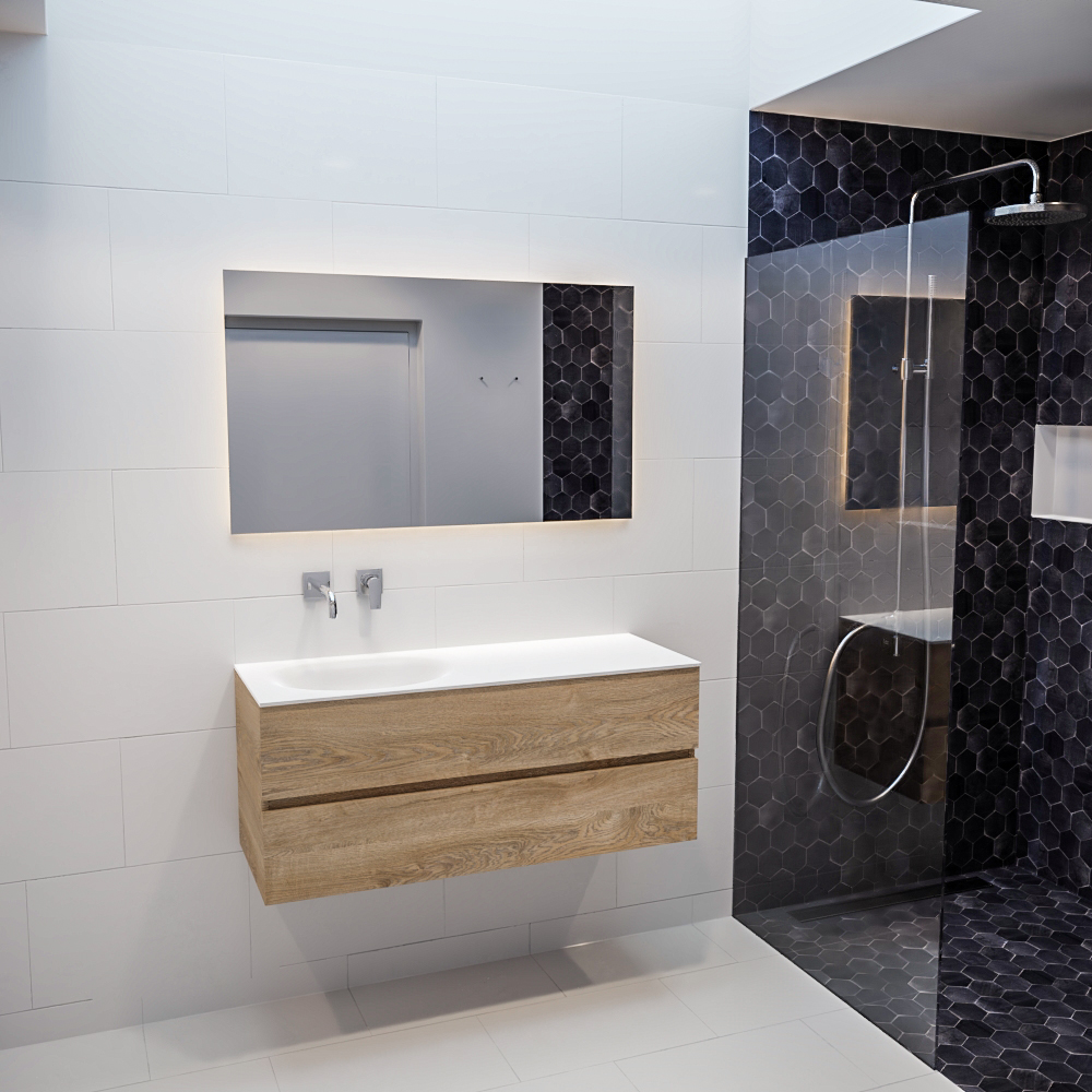 Mueble de baño 120 cm Wood roble natural con 2 cajones, lavabo de Solid surface seno izquierdo con 0 orificio(s) para el grifo. 31 Mueble de baño 120 cm Wood roble natural con 2 cajones, lavabo de Solid surface seno izquierdo con 0 orificio(s) para el grifo. - Imagen 31