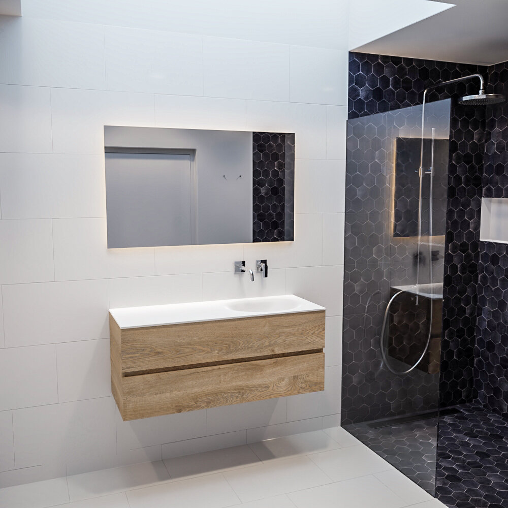 Mueble de baño 120 cm Wood roble natural con 2 cajones, lavabo de Solid surface seno derecho con 0 orificio(s) para el grifo. 15 Mueble de baño 120 cm Wood roble natural con 2 cajones, lavabo de Solid surface seno derecho con 0 orificio(s) para el grifo. - Imagen 15