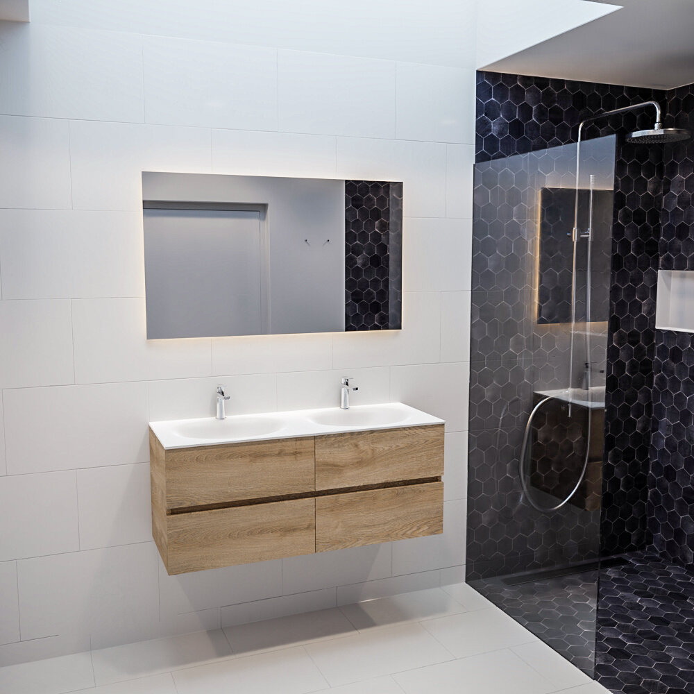 Mueble de baño 120 cm Wood roble natural con 4 cajones, lavabo de Solid surface seno doble con 2 orificio(s) para el grifo. 15 Mueble de baño 120 cm Wood roble natural con 4 cajones, lavabo de Solid surface seno doble con 2 orificio(s) para el grifo. - Imagen 15