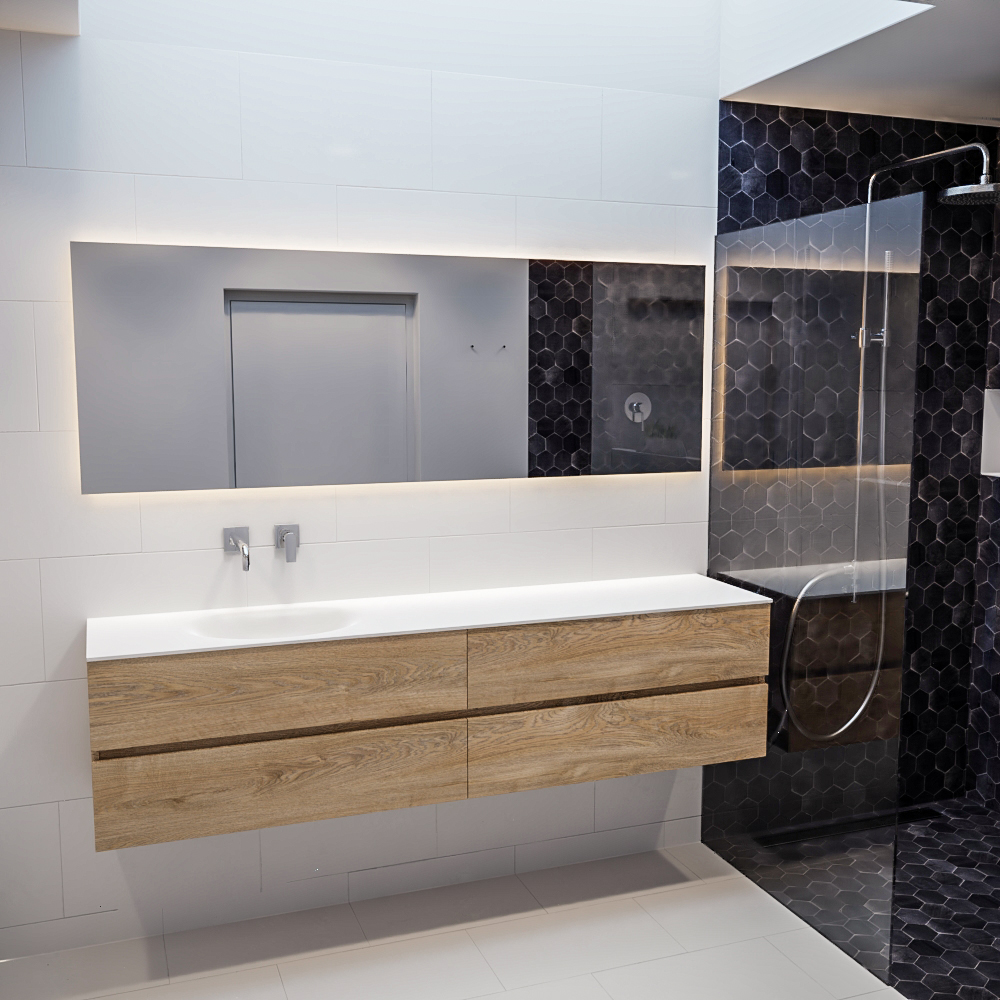 MONDIAZ VICA 200cm mueble de baño Washed Oak 4 cajones lavabo MOON Izquierda sin orificio con espejo LED. 3 MONDIAZ VICA 200cm mueble de baño Washed Oak 4 cajones lavabo MOON Izquierda sin orificio con espejo LED. - Imagen 3