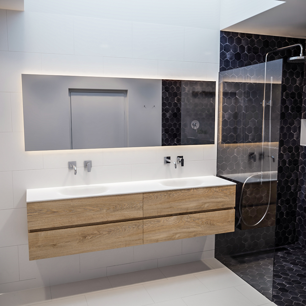 MONDIAZ VICA 200cm mueble de baño Washed Oak 4 cajones lavabo MOON Doble sin orificio con espejo LED. 3 MONDIAZ VICA 200cm mueble de baño Washed Oak 4 cajones lavabo MOON Doble sin orificio con espejo LED. - Imagen 3