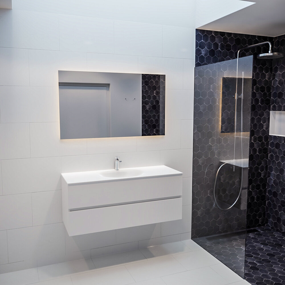 Mueble de baño 120 cm Blanco mate con 2 cajones, lavabo de Solid surface seno centrado con 1 orificio(s) para el grifo. 11 Mueble de baño 120 cm Blanco mate con 2 cajones, lavabo de Solid surface seno centrado con 1 orificio(s) para el grifo. - Imagen 11