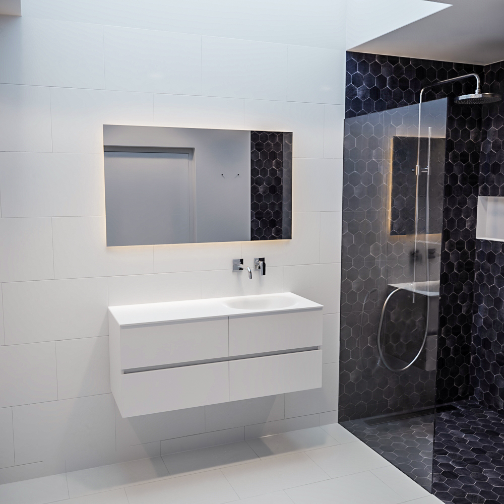 Mueble de baño 120 cm Blanco mate con 4 cajones, lavabo de Solid surface seno derecho con 0 orificio(s) para el grifo. 11 Mueble de baño 120 cm Blanco mate con 4 cajones, lavabo de Solid surface seno derecho con 0 orificio(s) para el grifo. - Imagen 11