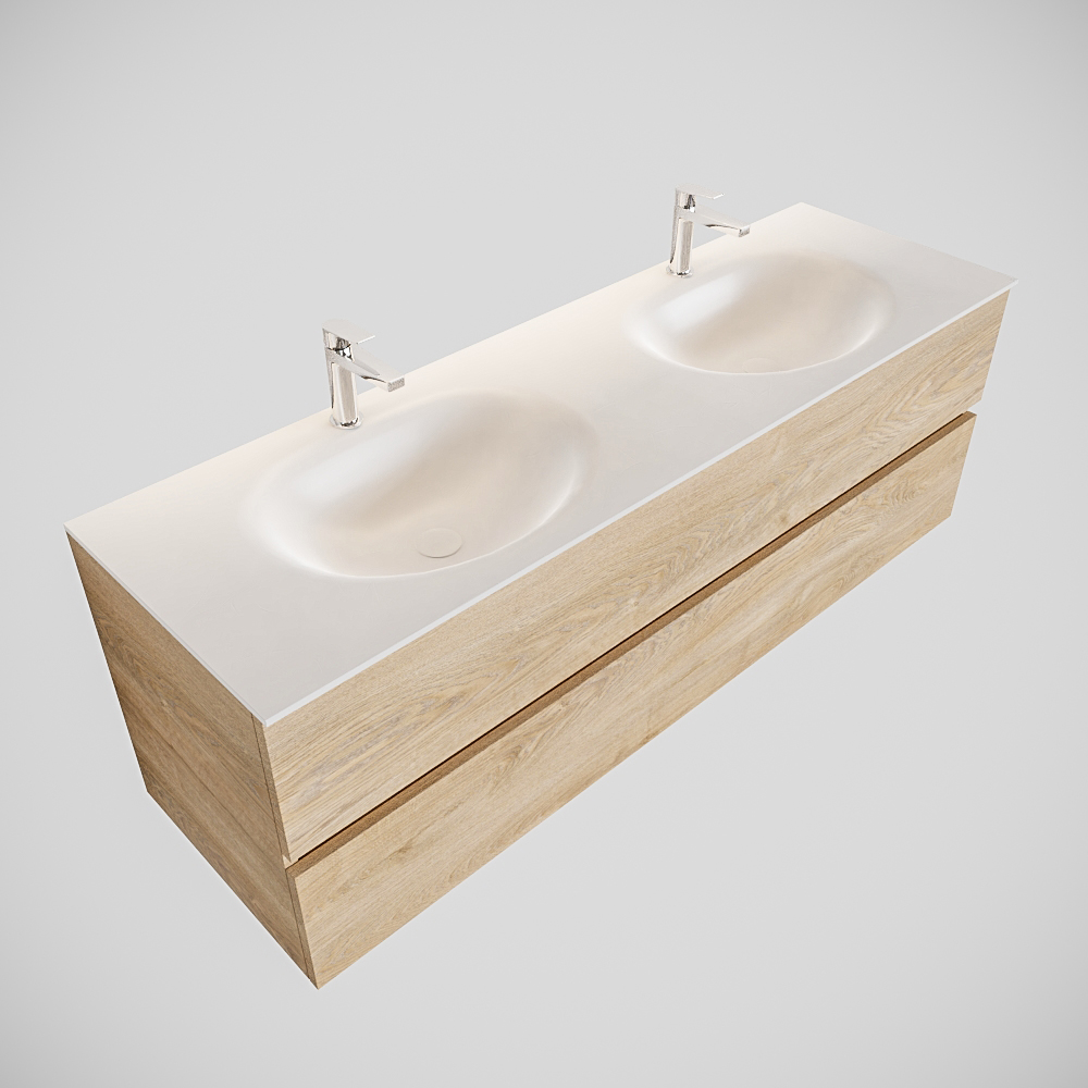 Mueble de baño 150 cm Wood roble natural con 2 cajones, lavabo de Solid surface seno doble con 2 orificio(s) para el grifo. 10 Mueble de baño 150 cm Wood roble natural con 2 cajones, lavabo de Solid surface seno doble con 2 orificio(s) para el grifo. - Imagen 10