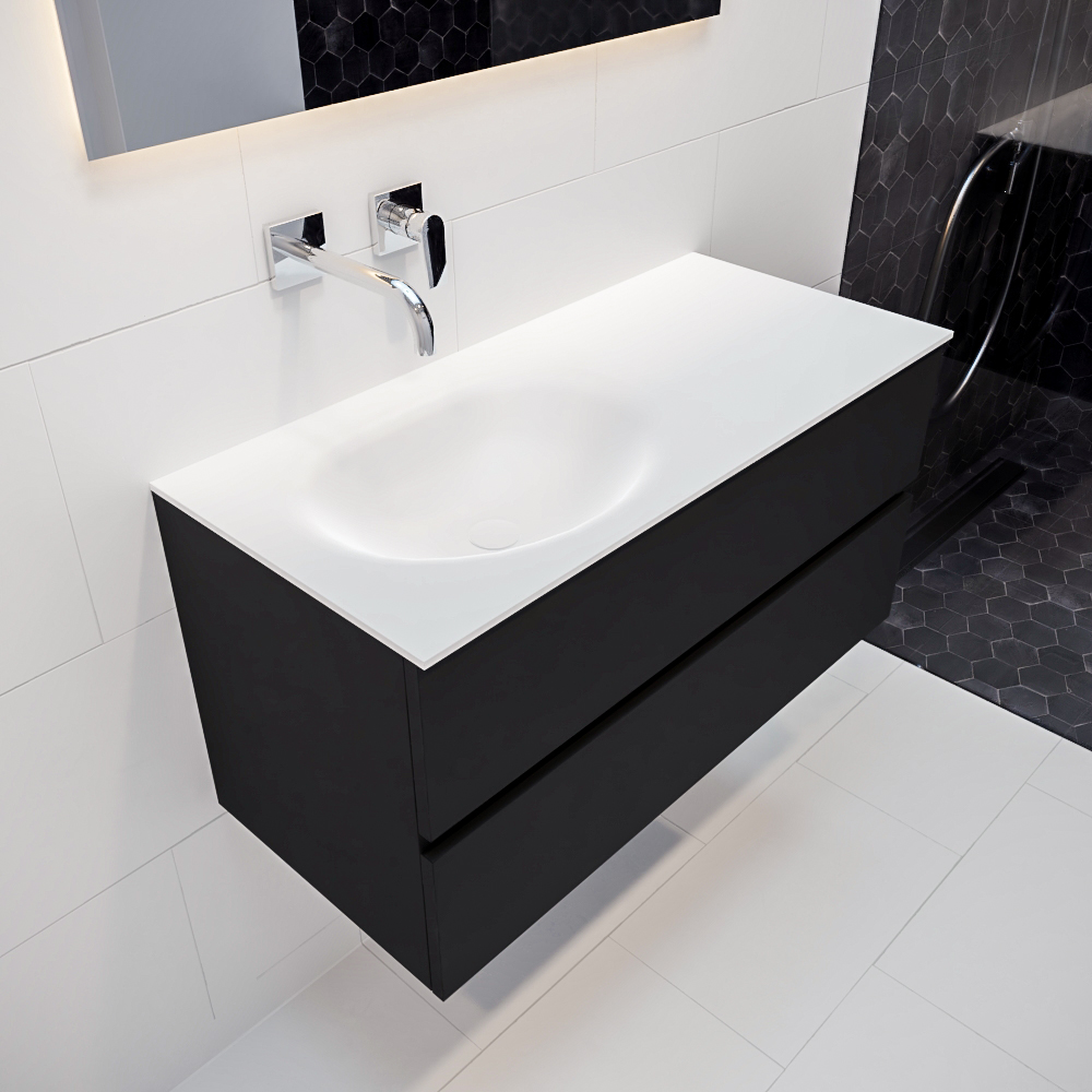 Mueble de baño 100 cm Vica negro mate con 2 cajones, lavabo de Solid surface seno izquierdo con 0 orificio(s) para el grifo. 9 MONDIAZ VICA 100cm mueble de baño Urban 2 cajones lavabo MOON Izquierda sin orificio.