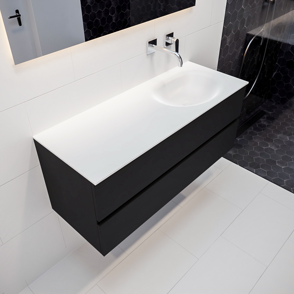 Mueble de baño 120 cm Vica negro mate con 2 cajones, lavabo de Solid surface seno derecho con 0 orificio(s) para el grifo. 9 MONDIAZ VICA 120cm mueble de baño Urban 2 cajones lavabo MOON Derecho sin orificio.