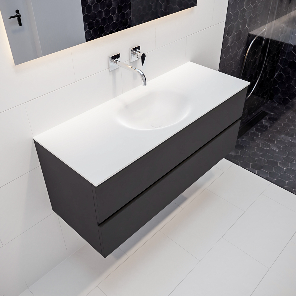 Mueble de baño 120 cm Antracita con 2 cajones, lavabo de Solid surface seno centrado con 0 orificio(s) para el grifo. 9 MONDIAZ VICA 120cm mueble de baño Dark Grey 2 cajones lavabo MOON Centro sin orificio.