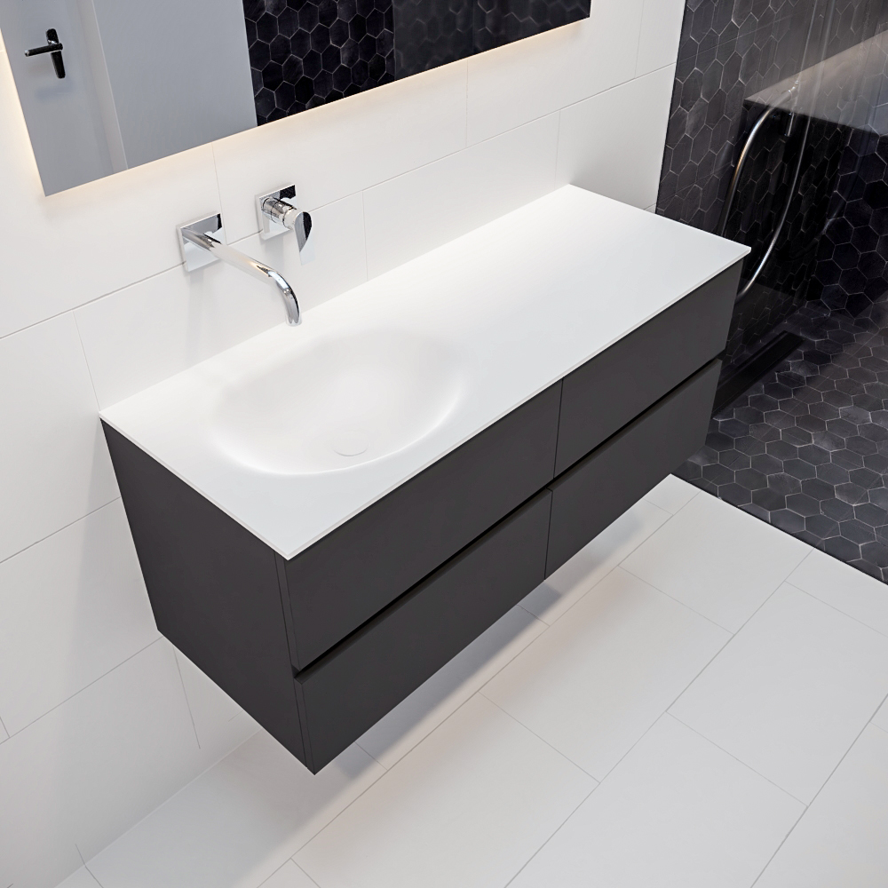Mueble de baño 120 cm Antracita con 4 cajones, lavabo de Solid surface seno izquierdo con 0 orificio(s) para el grifo. 9 MONDIAZ VICA 120cm mueble de baño Dark Grey 4 cajones lavabo MOON Izquierda sin orificio.