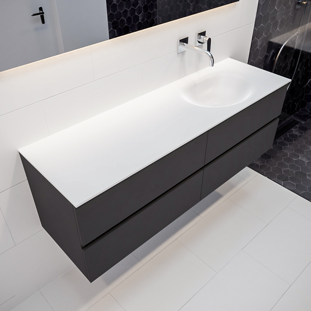 Mueble de baño 150 cm Antracita con 4 cajones, lavabo de Solid surface seno derecho con 0 orificio(s) para el grifo. 8 MONDIAZ VICA 150cm mueble de baño Dark Grey 4 cajones lavabo MOON Derecho sin orificio.