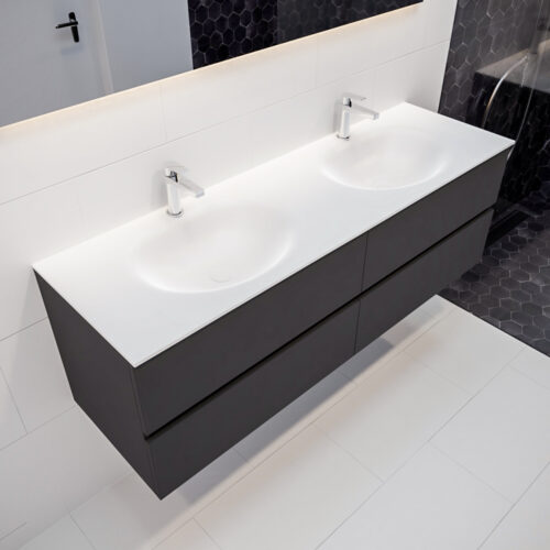 MONDIAZ VICA 150cm mueble de baño Dark Grey 4 cajones lavabo MOON Doble 2 orificios.
