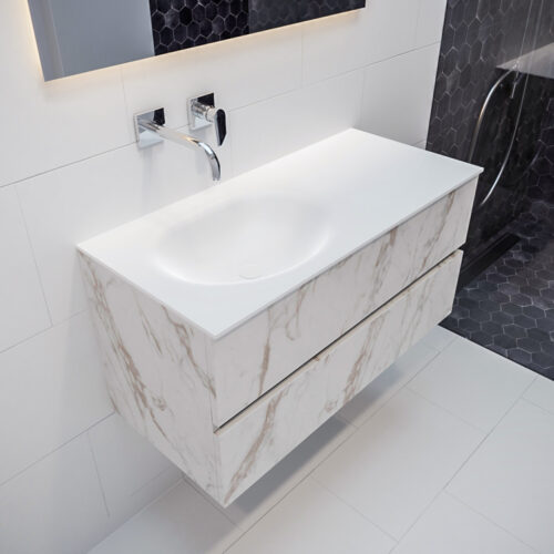 MONDIAZ VICA 100cm mueble de baño Carrara 2 cajones lavabo MOON Izquierda sin orificio.