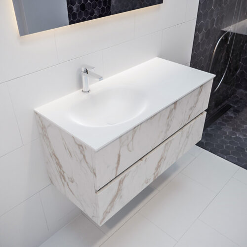 MONDIAZ VICA 100cm mueble de baño Carrara 2 cajones lavabo MOON Izquierda 1 orificio.