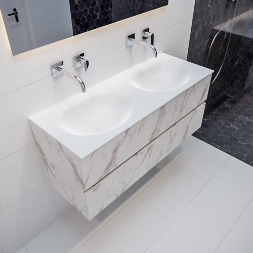 MONDIAZ VICA 120cm mueble de baño Carrara 2 cajones lavabo MOON Doble sin orificio.