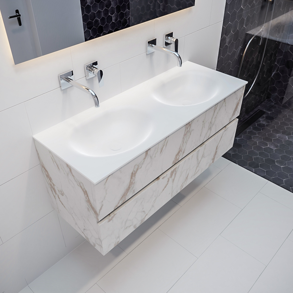 Mueble de baño Vica 120 cm carrara mat con 2 cajones, lavabo de Solid surface seno doble con 0 orificio(s) para el grifo. 10 MONDIAZ VICA 120cm mueble de baño Carrara 2 cajones lavabo MOON Doble sin orificio.