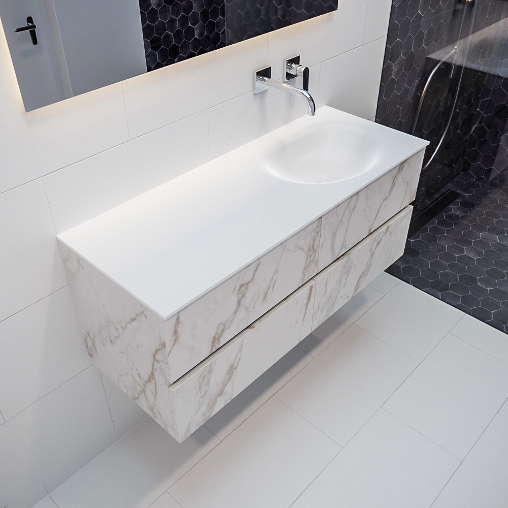 Mueble de baño Vica 120 cm carrara mat con 4 cajones, lavabo de Solid surface seno derecho con 0 orificio(s) para el grifo. 9 MONDIAZ VICA 120cm mueble de baño Carrara 4 cajones lavabo MOON Derecho sin orificio.
