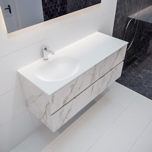 MONDIAZ VICA 120cm mueble de baño Carrara 4 cajones lavabo MOON Izquierda 1 orificio.