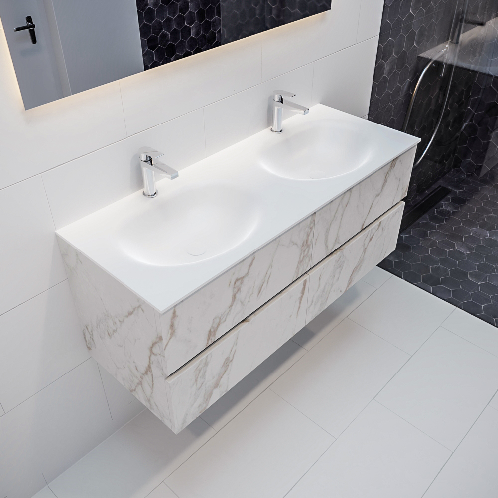 Mueble de baño Vica 120 cm carrara mat con 4 cajones, lavabo de Solid surface seno doble con 2 orificio(s) para el grifo. 9 MONDIAZ VICA 120cm mueble de baño Carrara 4 cajones lavabo MOON Doble 2 orificios.
