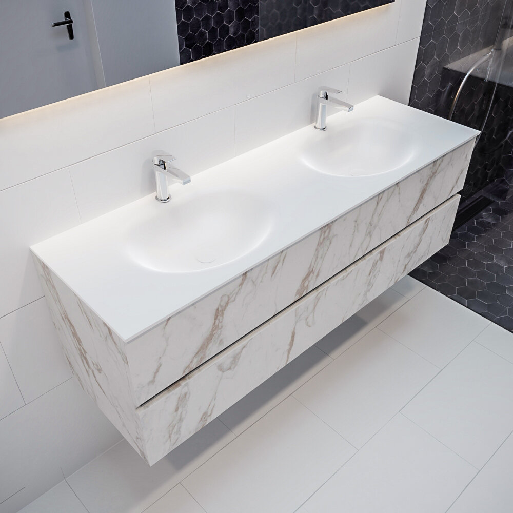 Mueble de baño Vica 150 cm carrara mat con 2 cajones, lavabo de Solid surface seno doble con 2 orificio(s) para el grifo. 8 MONDIAZ VICA 150cm mueble de baño Carrara 2 cajones lavabo MOON Doble 2 orificios.