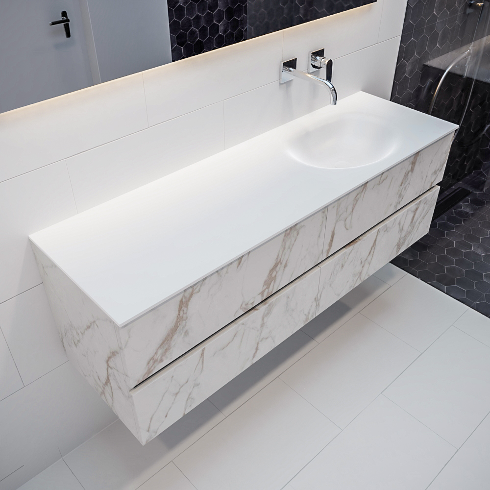 Mueble de baño Vica 150 cm carrara mat con 4 cajones, lavabo de Solid surface seno derecho con 0 orificio(s) para el grifo. 8 MONDIAZ VICA 150cm mueble de baño Carrara 4 cajones lavabo MOON Derecho sin orificio.