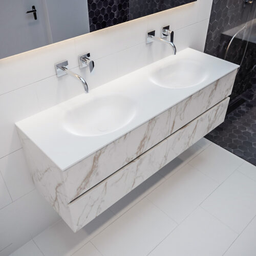 MONDIAZ VICA 150cm mueble de baño Carrara 4 cajones lavabo MOON Doble sin orificio.