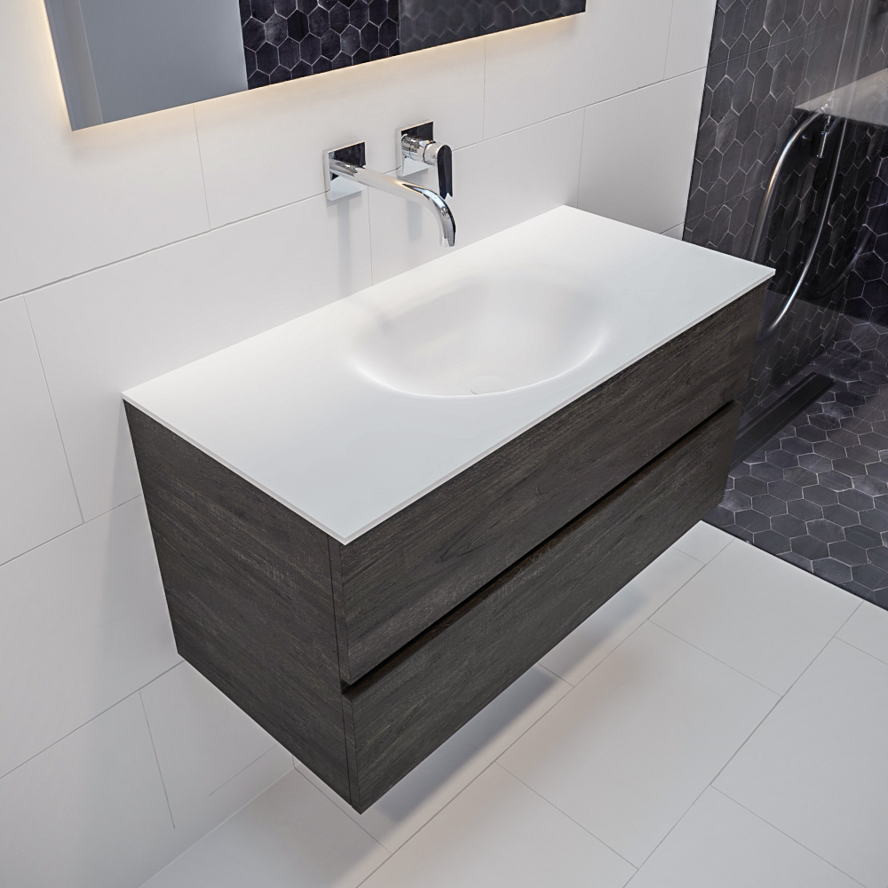 Mueble de baño 100 cm Wood nogal con 2 cajones, lavabo de Solid surface seno centrado con 0 orificio(s) para el grifo. 9 MONDIAZ VICA 100cm mueble de baño Dark Brown 2 cajones lavabo MOON Centro sin orificio.