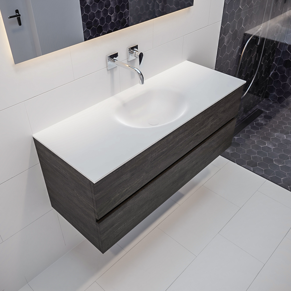 Mueble de baño 120 cm Wood nogal con 2 cajones, lavabo de Solid surface seno centrado con 0 orificio(s) para el grifo. 9 MONDIAZ VICA 120cm mueble de baño Dark Brown 2 cajones lavabo MOON Centro sin orificio.