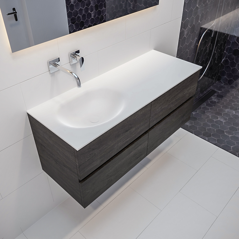 Mueble de baño 120 cm Wood nogal con 4 cajones, lavabo de Solid surface seno izquierdo con 0 orificio(s) para el grifo. 9 MONDIAZ VICA 120cm mueble de baño Dark Brown 4 cajones lavabo MOON Izquierda sin orificio.