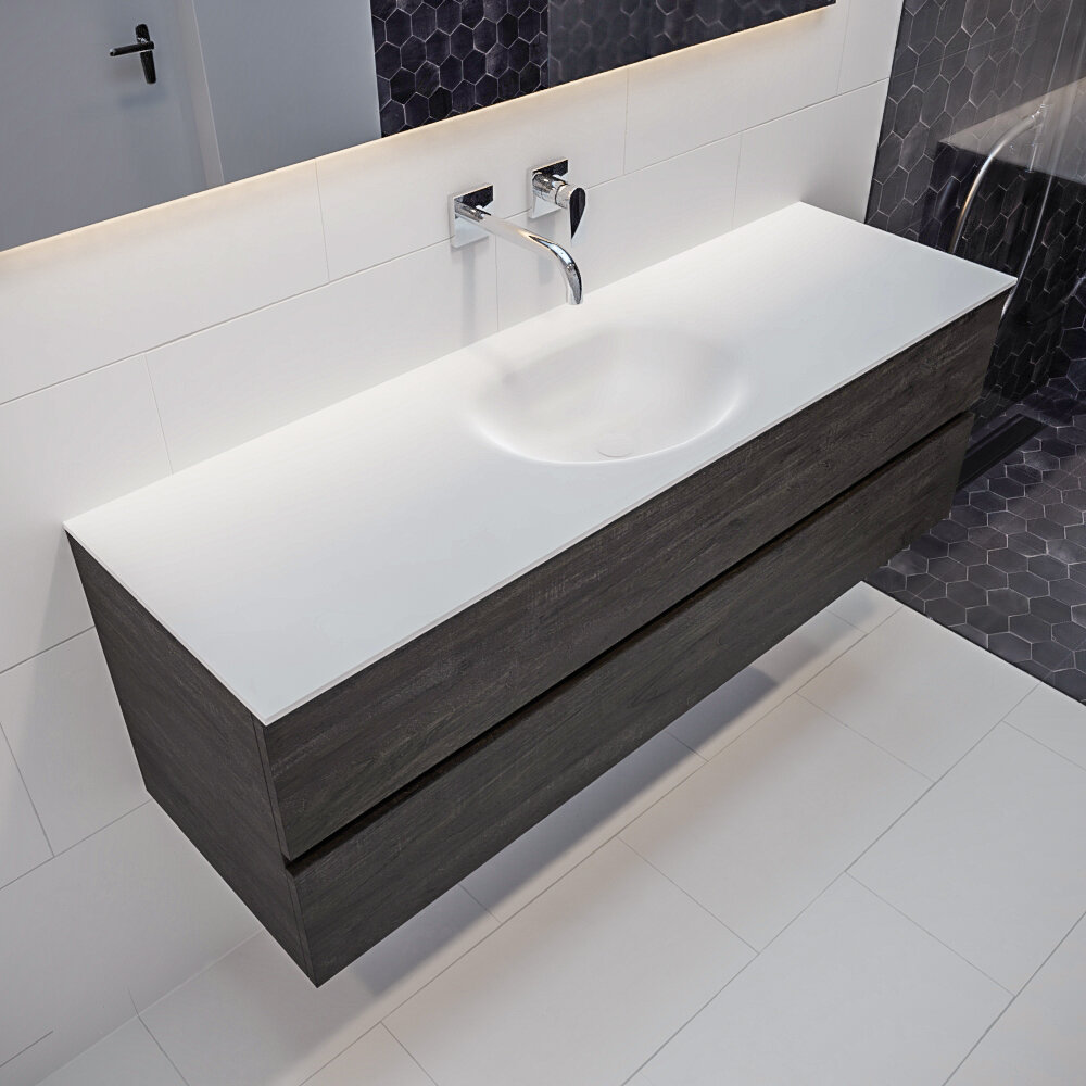 Mueble de baño 150 cm Wood nogal con 2 cajones, lavabo de Solid surface seno centrado con 0 orificio(s) para el grifo. 8 MONDIAZ VICA 150cm mueble de baño Dark Brown 2 cajones lavabo MOON Centro sin orificio.