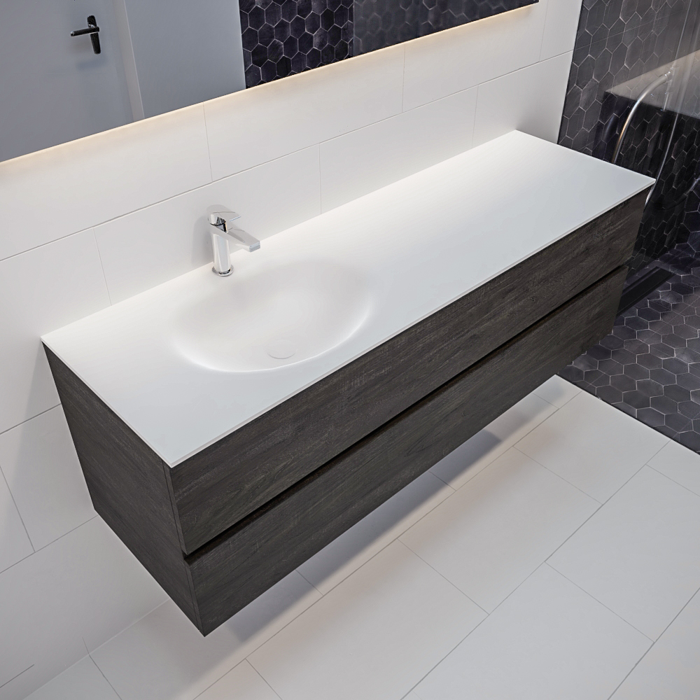 Mueble de baño 150 cm Wood nogal con 2 cajones, lavabo de Solid surface seno izquierdo con 1 orificio(s) para el grifo. 8 MONDIAZ VICA 150cm mueble de baño Dark Brown 2 cajones lavabo MOON Izquierda 1 orificio.