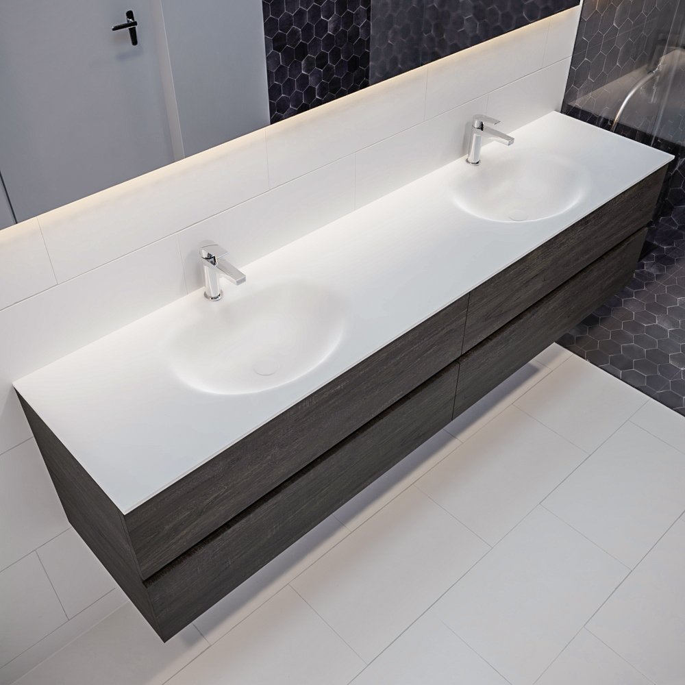 MONDIAZ VICA 200cm mueble de baño Dark Brown 4 cajones lavabo MOON Doble 2 orificios. 1 MONDIAZ VICA 200cm mueble de baño Dark Brown 4 cajones lavabo MOON Doble 2 orificios.