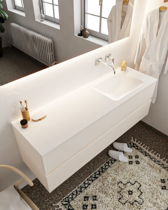 MONDIAZ VICA 150cm mueble de baño Linen 2 cajones lavabo CLOUD Derecho sin orificio.