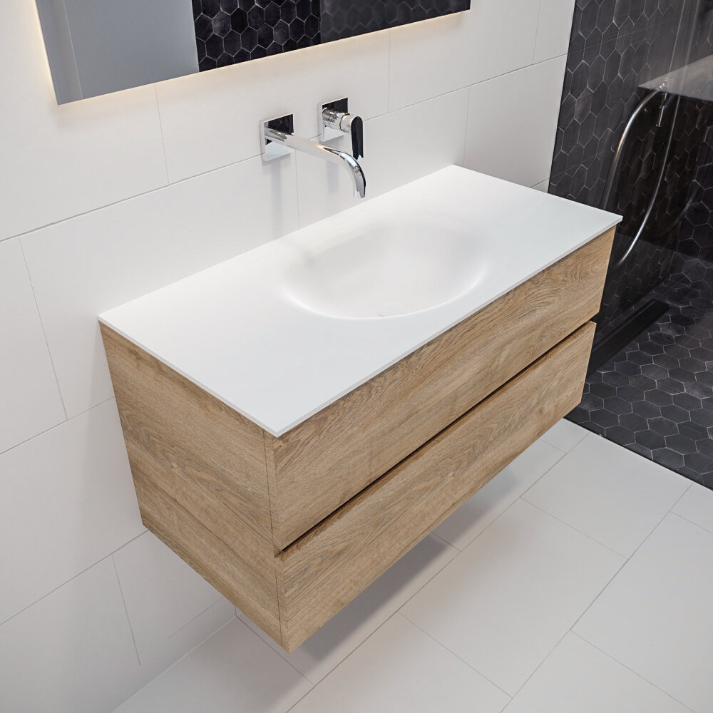 Mueble de baño 100 cm Wood roble natural con 2 cajones, lavabo de Solid surface seno centrado con 0 orificio(s) para el grifo. 13 MONDIAZ VICA 100cm mueble de baño Washed Oak 2 cajones lavabo MOON Centro sin orificio.