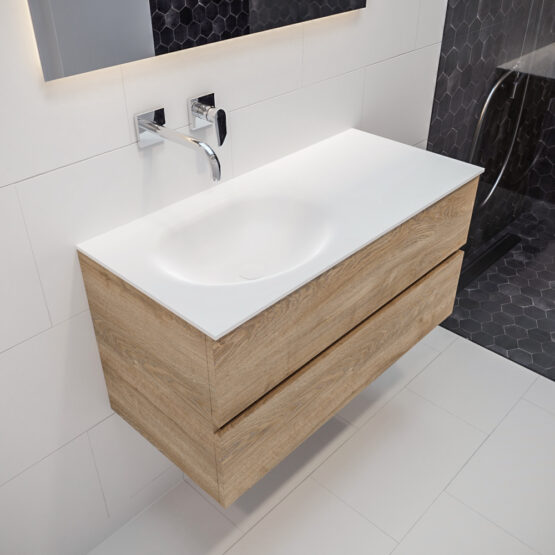 MONDIAZ VICA 100cm mueble de baño Washed Oak 2 cajones lavabo MOON Izquierda sin orificio.