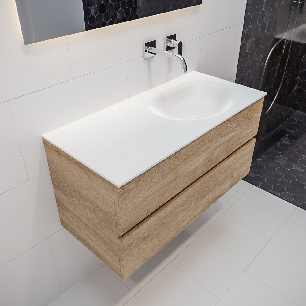 Mueble de baño 100 cm Vica Wood roble natural con 2 cajones, lavabo de Solid surface seno derecho con 0 orificio(s) para el grifo. 13 MONDIAZ VICA 100cm mueble de baño Washed Oak 2 cajones lavabo MOON Derecho sin orificio.