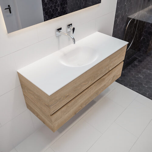 MONDIAZ VICA 120cm mueble de baño Washed Oak 2 cajones lavabo MOON Centro sin orificio.