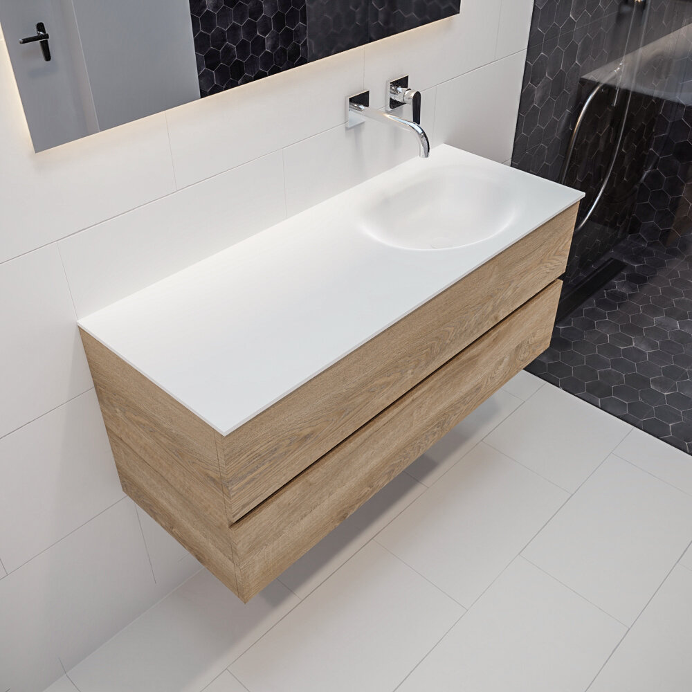 Mueble de baño 120 cm Wood roble natural con 2 cajones, lavabo de Solid surface seno derecho con 0 orificio(s) para el grifo. 13 MONDIAZ VICA 120cm mueble de baño Washed Oak 2 cajones lavabo MOON Derecho sin orificio.