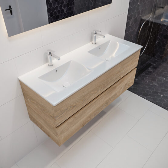 MONDIAZ VICA 120cm mueble de baño Washed Oak 2 cajones lavabo DENIA Doble 2 orificios.