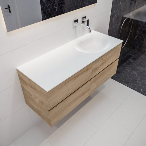 MONDIAZ VICA 120cm mueble de baño Washed Oak 4 cajones lavabo MOON Derecho sin orificio.