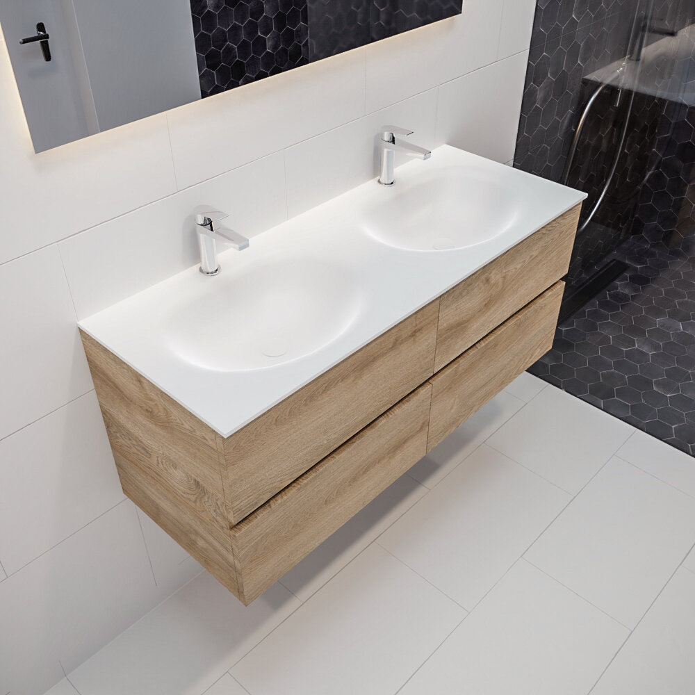 Mueble de baño 120 cm Wood roble natural con 4 cajones, lavabo de Solid surface seno doble con 2 orificio(s) para el grifo. 13 MONDIAZ VICA 120cm mueble de baño Washed Oak 4 cajones lavabo MOON Doble 2 orificios.