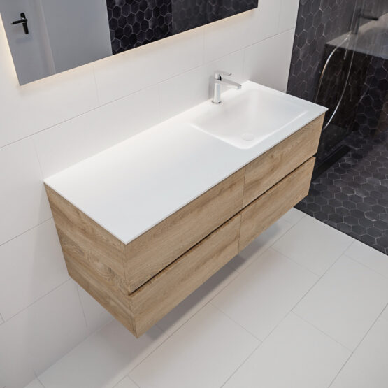 MONDIAZ VICA 120cm mueble de baño Washed Oak 4 cajones lavabo CLOUD Derecho 1 orificio.