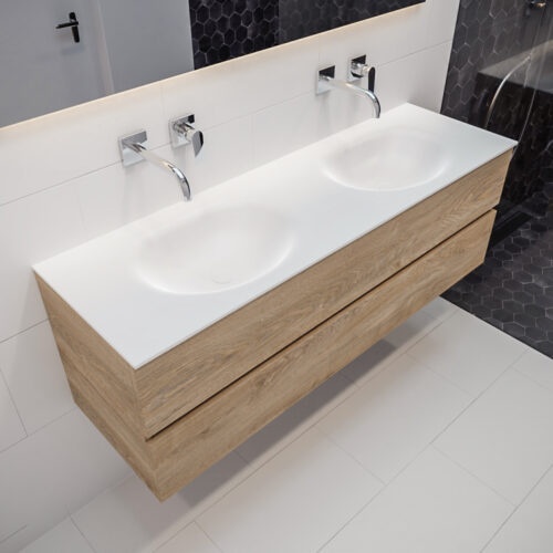 MONDIAZ VICA 150cm mueble de baño Washed Oak 2 cajones lavabo MOON Doble sin orificio.