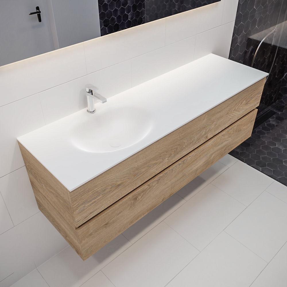 Mueble de baño 150 cm Wood roble natural con 2 cajones, lavabo de Solid surface seno izquierdo con 1 orificio(s) para el grifo. 7 MONDIAZ VICA 150cm mueble de baño Washed Oak 2 cajones lavabo MOON Izquierda 1 orificio.