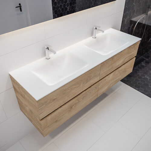 MONDIAZ VICA 150cm mueble de baño Washed Oak 4 cajones lavabo CLOUD Doble 2 orificios.