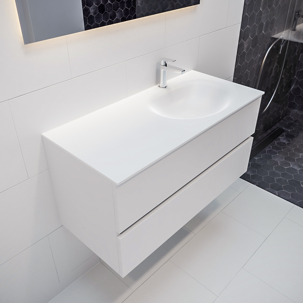 Mueble de baño 100 cm Blanco mate con 2 cajones, lavabo de Solid surface seno derecho con 1 orificio(s) para el grifo. 9 MONDIAZ VICA 100cm mueble de baño Talc 2 cajones lavabo MOON Derecho 1 orificio.