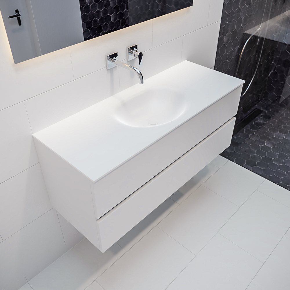 Mueble de baño 120 cm Blanco mate con 2 cajones, lavabo de Solid surface seno centrado con 0 orificio(s) para el grifo. 9 MONDIAZ VICA 120cm mueble de baño Talc 2 cajones lavabo MOON Centro sin orificio.