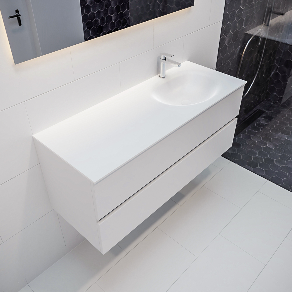 Mueble de baño 120 cm Blanco mate con 2 cajones, lavabo de Solid surface seno derecho con 1 orificio(s) para el grifo. 9 MONDIAZ VICA 120cm mueble de baño Talc 2 cajones lavabo MOON Derecho 1 orificio.