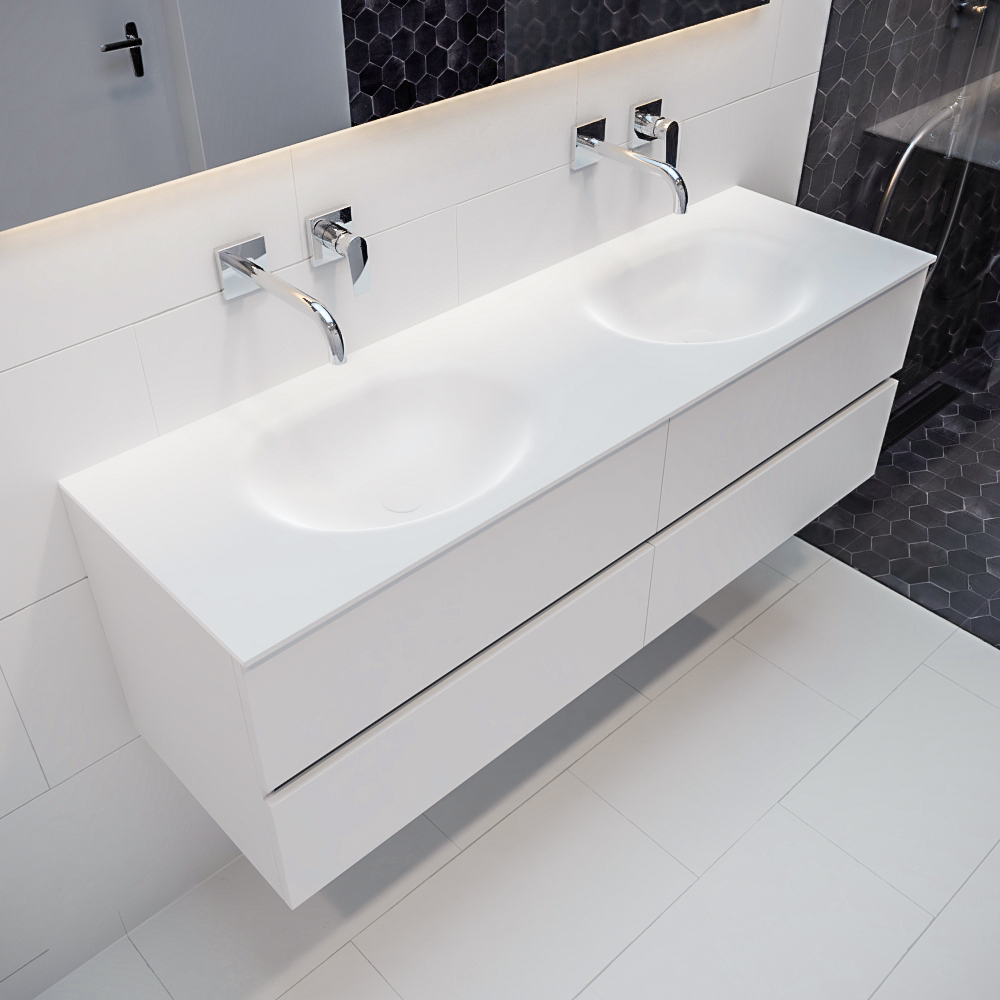 Mueble de baño 150 cm Blanco mate con 4 cajones, lavabo de Solid surface seno doble con 0 orificio(s) para el grifo. 8 MONDIAZ VICA 150cm mueble de baño Talc 4 cajones lavabo MOON Doble sin orificio.