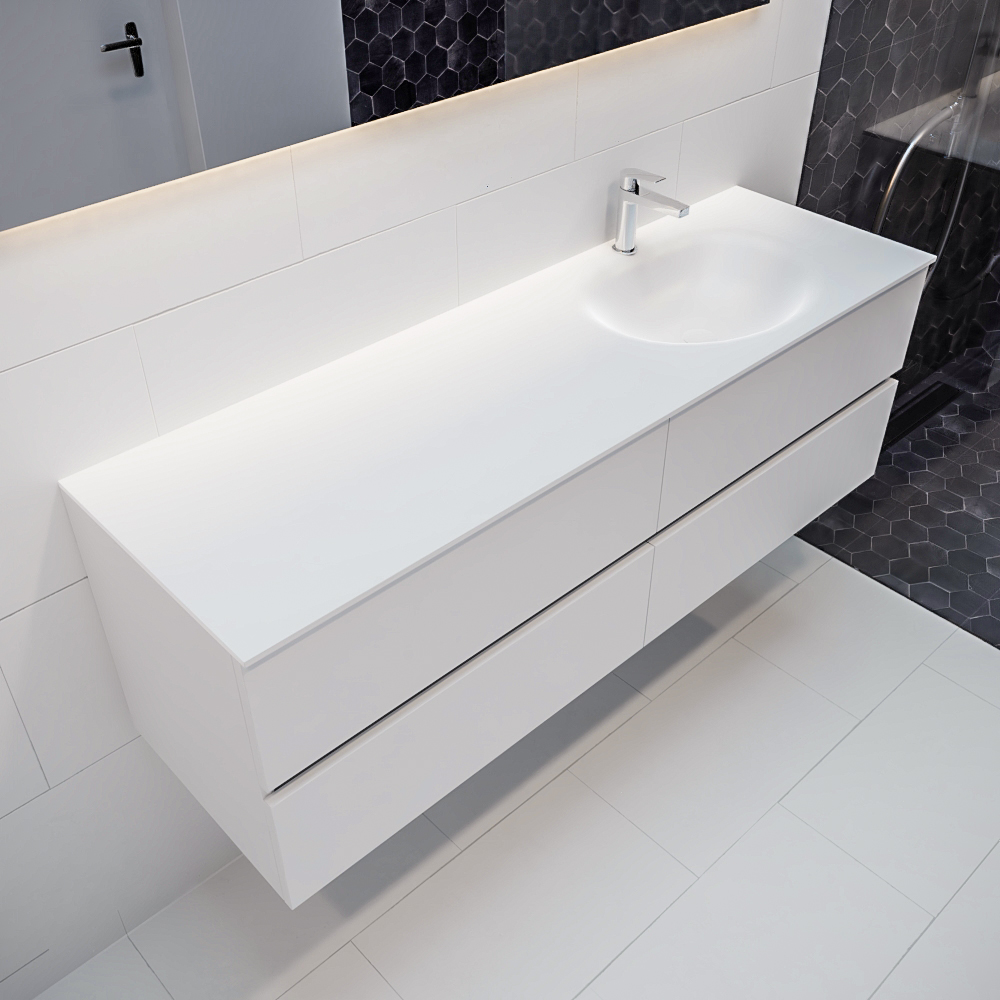 Mueble de baño 150 cm Blanco mate con 4 cajones, lavabo de Solid surface seno derecho con 1 orificio(s) para el grifo. 8 MONDIAZ VICA 150cm mueble de baño Talc 4 cajones lavabo MOON Derecho 1 orificio.