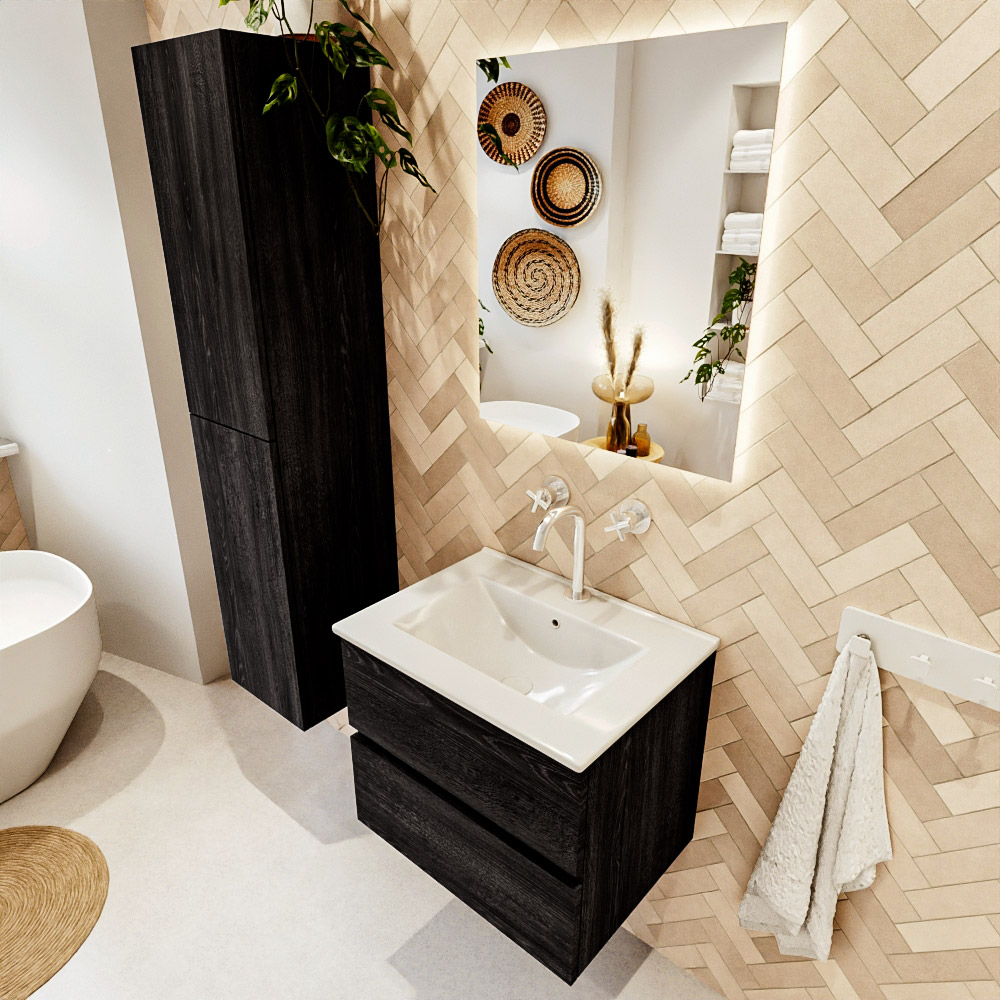 MONDIAZ VICA 60cm mueble de baño Antracite 2 cajones. Lavabo DENIA Centro 1 orificio color Blanco brillo con espejo LED. 1 MONDIAZ VICA 60cm mueble de baño Antracite 2 cajones. Lavabo DENIA Centro 1 orificio color Blanco brillo con espejo LED.