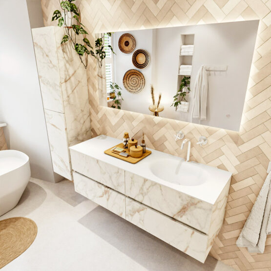 MONDIAZ VICA 140cm mueble de baño Carrara 4 cajones. Lavabo MOON Derecho 1 orificio